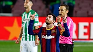 Lionel Messi célèbre un but contre le Bétis, au Camp Nou, Barcelone, le 7 novembre 2020