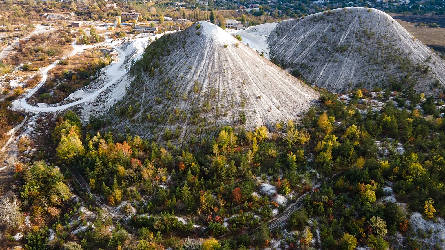 Waste heaps from old chalk production in Rayhorodok, Donetsk region, eastern Ukraine. 