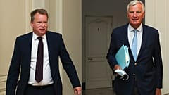 File photo: EU chief Brexit negotiator Michel Barnier speaks to British PM's Europe adviser David Frost during Brexit trade talks in Brussels. August 21, 2020.