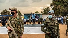 Faustin-Archange Touadera, President of the Central African Republic, gives a speech in a campaign rally in Bangui