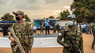 Faustin-Archange Touadera, President of the Central African Republic, gives a speech in a campaign rally in Bangui
