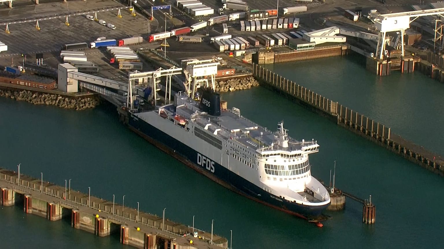 Port with a few lorries waiting