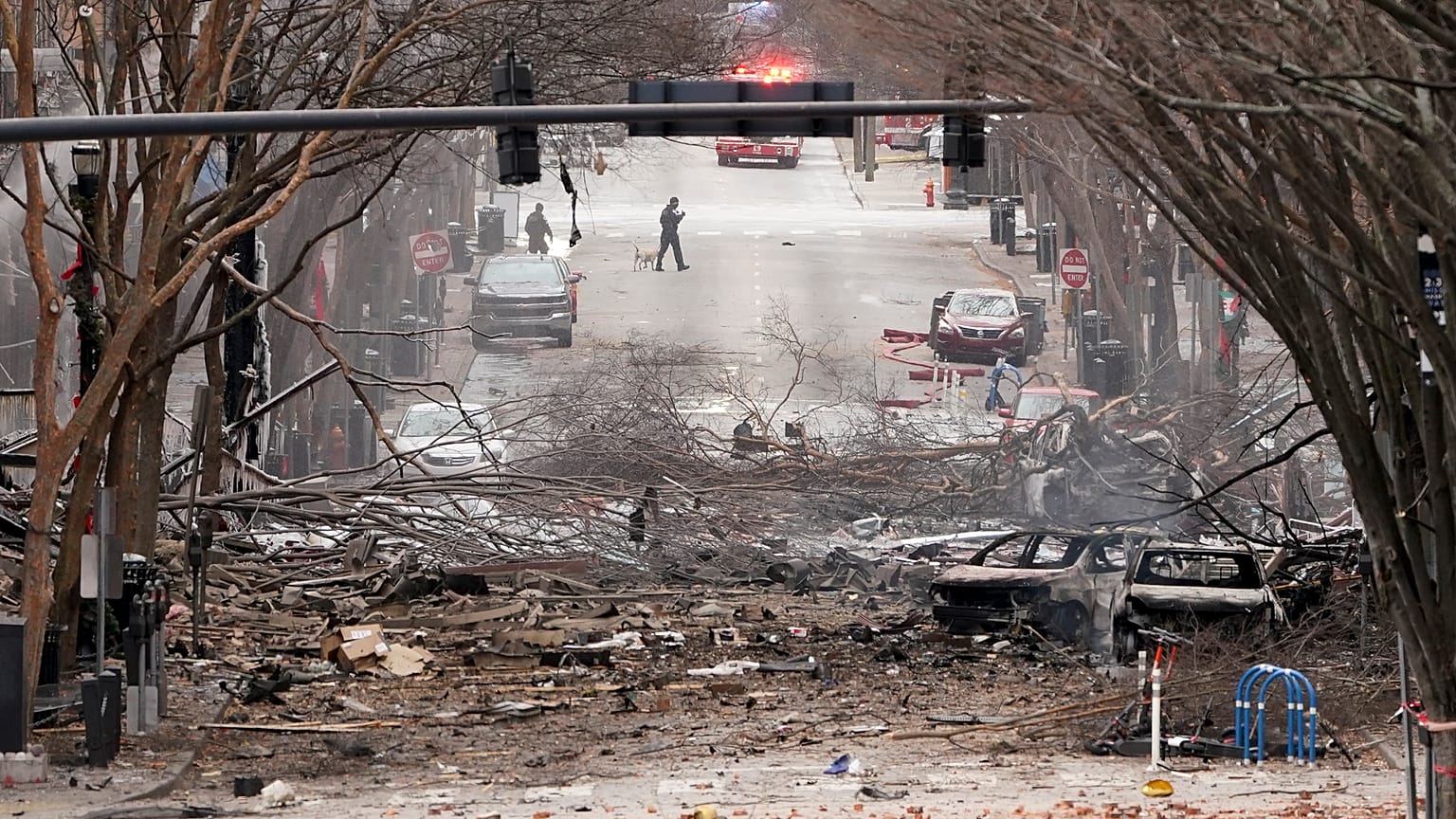 Emergency personnel work at the scene of an explosion in downtown Nashville