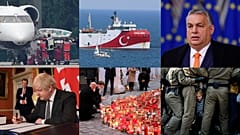 Clockwise from top left: Navalny poisoned, Mediterranean drilling, LGBT laws in Hungary, Belarus protests, Vienna terror attack, Brexit deal signed.