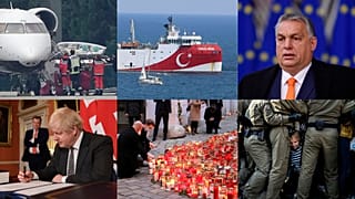 Clockwise from top left: Navalny poisoned, Mediterranean drilling, LGBT laws in Hungary, Belarus protests, Vienna terror attack, Brexit deal signed.