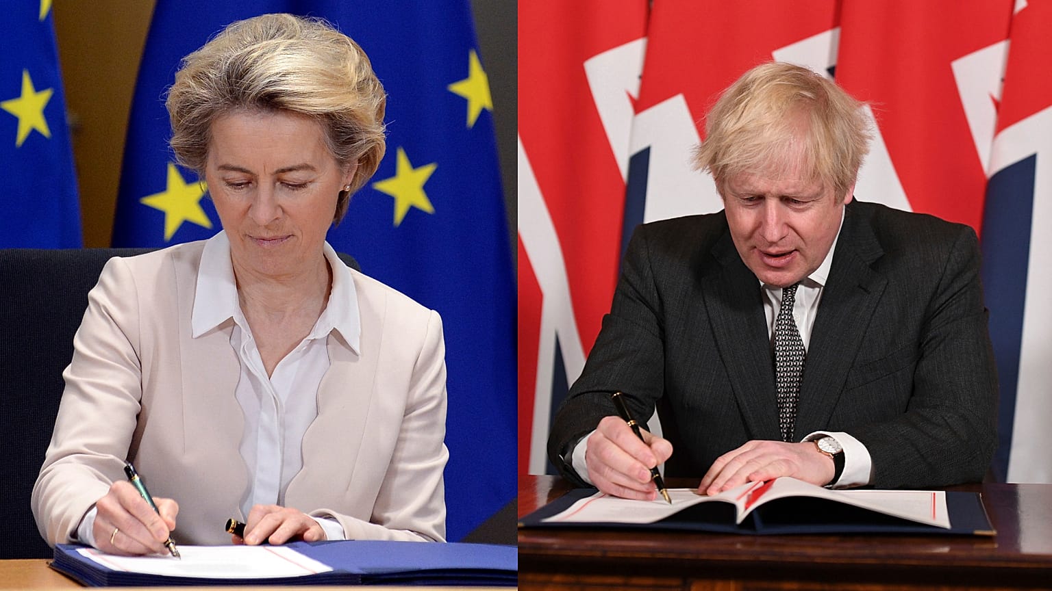 Ursula von der Leyen (L) and Uk Prime Minister Boris Johnson sign the EU-UK Trade and Cooperation Agreement on December 30, 2020.