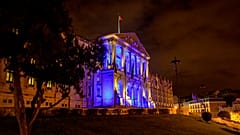 The Portuguese parliament building in Lisbon is illuminated to mark the start of the Portuguese Presidency of the Council of the EU 2021