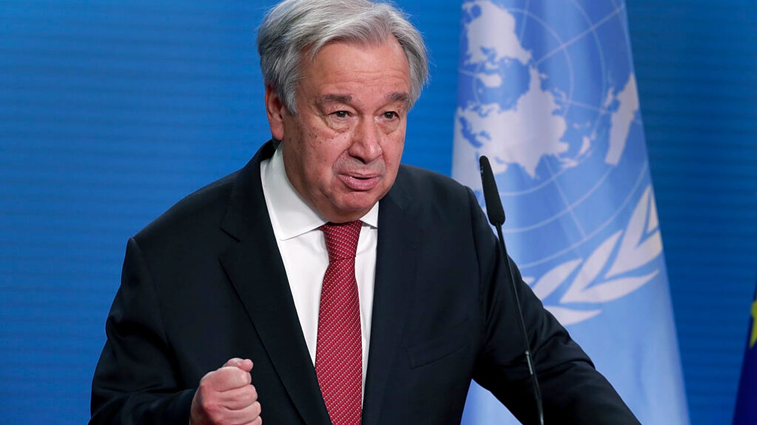 UN Secretary-General Antonio Guterres addresses the media during a joint press conference with German Foreign Minister Heiko Maas after a meeting in Berlin Dec. 17, 2020.