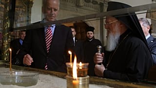 Joe Biden, centre left, and Ecumenical Patriarch Bartholomew 