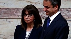 Greek President Katerina Sakellaropoulou, left, and Greece's Prime Minister Kyriakos Mitsotakis 