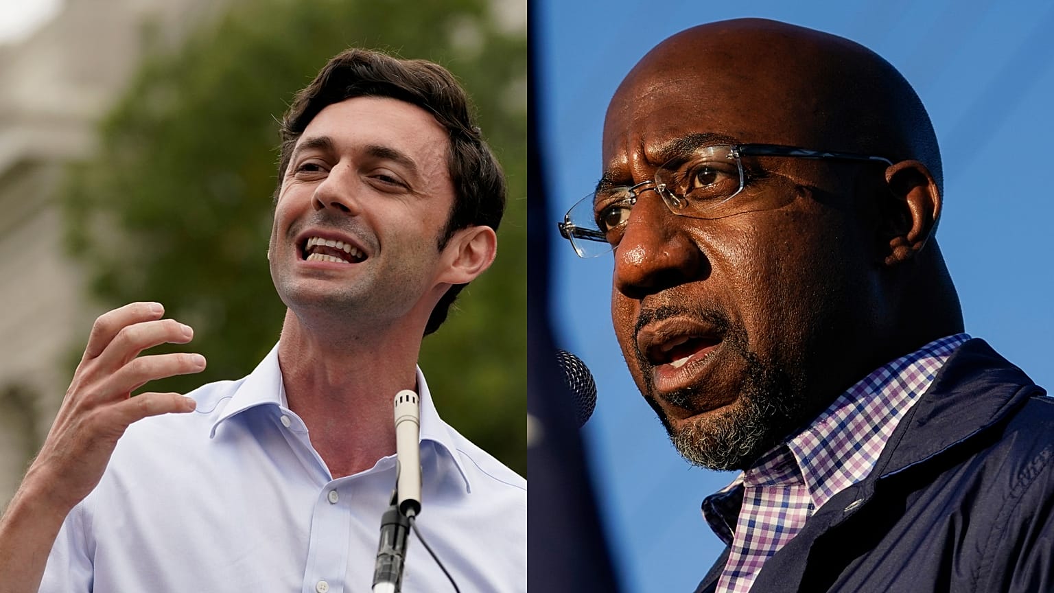 Democrats Jon Ossoff, left, and Raphael Warnock, right, won seats in the Senate in Georgia.