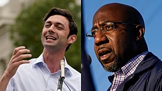 Democrats Jon Ossoff, left, and Raphael Warnock, right, won seats in the Senate in Georgia.