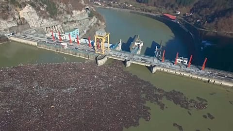 Plastic bottles, wooden planks, rusty barrels and other garbage clogging the Drina river near the eastern Bosnian town of Visegrad