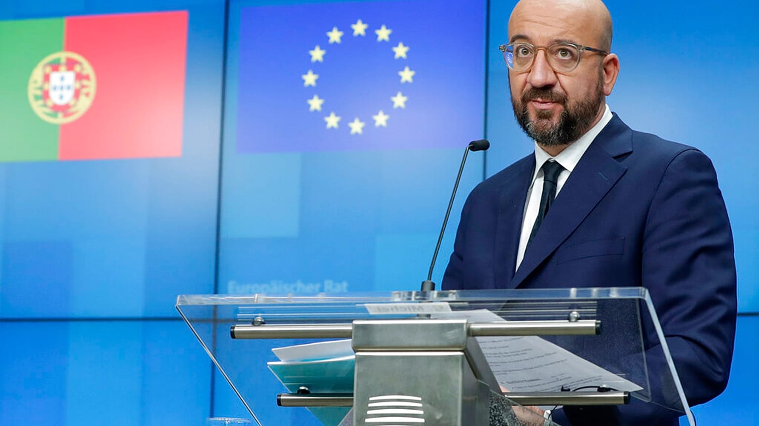 European Council President Charles Michel speaks during a media conference with Portugal's Prime Minister Antonio Costa