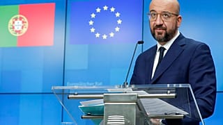 European Council President Charles Michel speaks during a media conference with Portugal's Prime Minister Antonio Costa