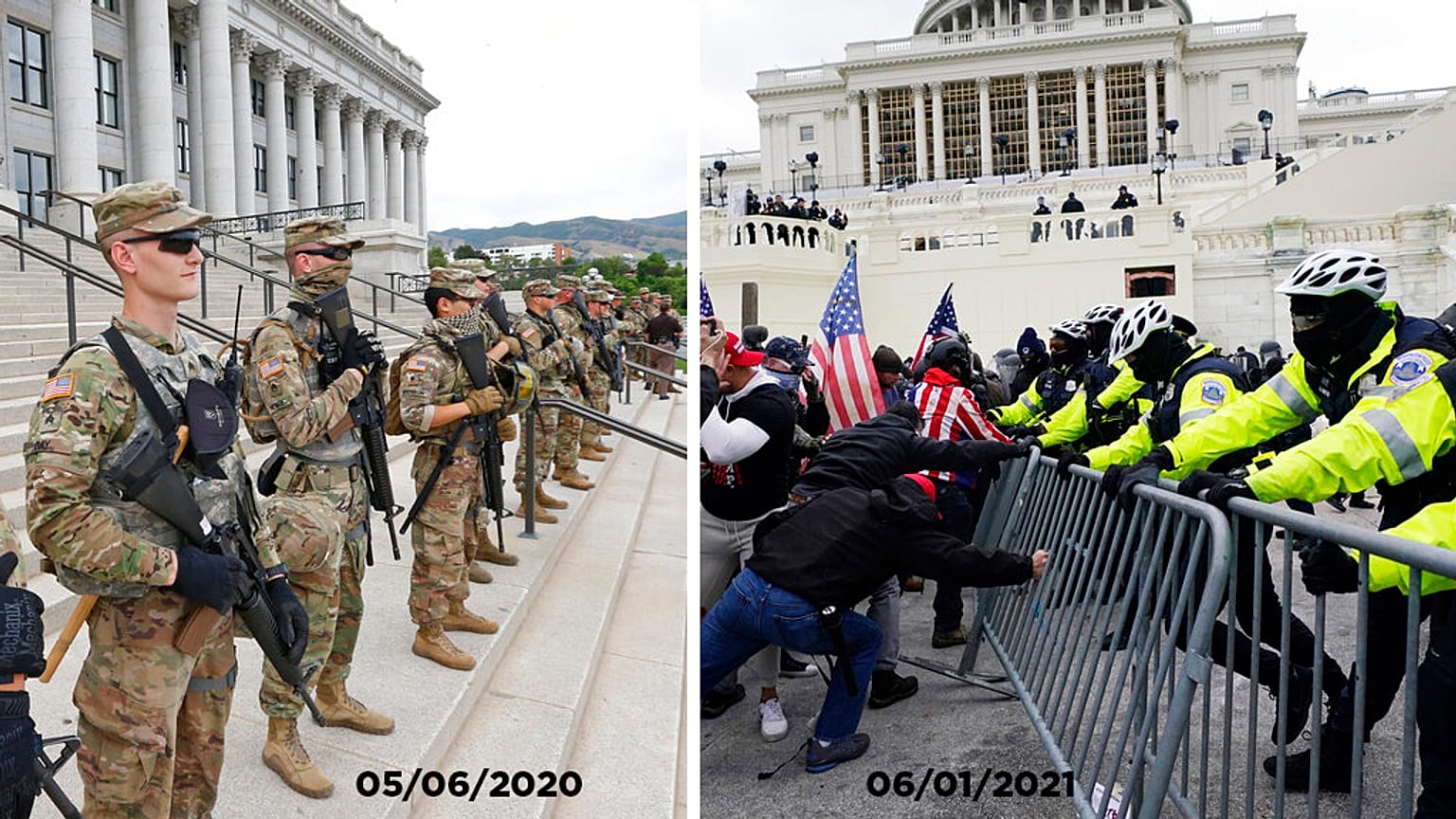 A la izda. despliegue en Utah durante una protesta de Black Lives Matters, en junio. Derecha, irrupción en el Capitolio este miércoles.