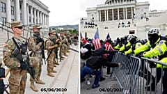 A la izda. despliegue en Utah durante una protesta de Black Lives Matters, en junio. Derecha, irrupción en el Capitolio este miércoles.