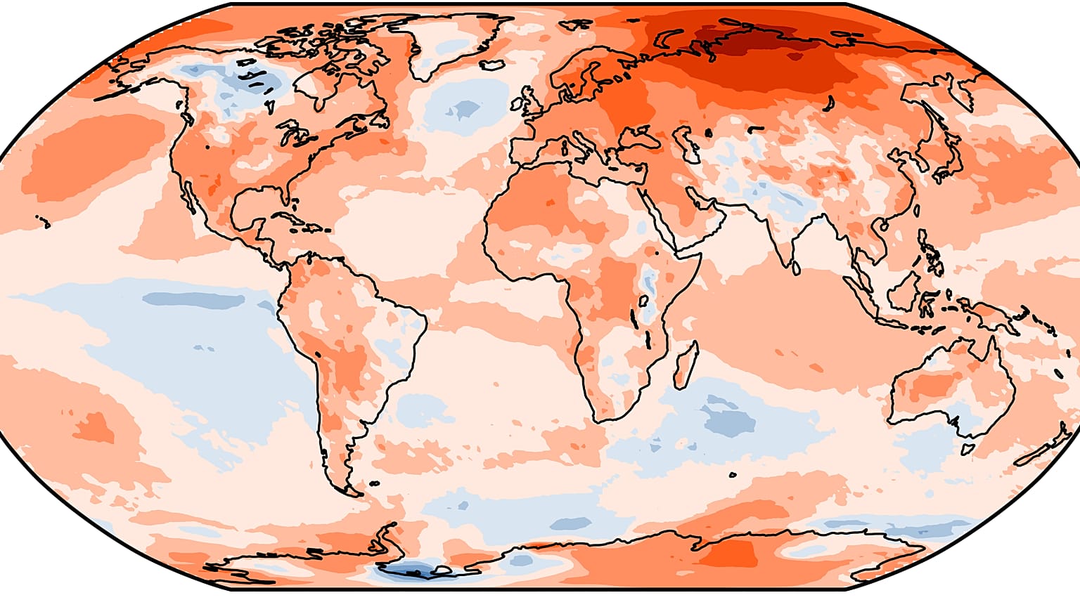 Anomalía de temperaturas en 2020 respecto a la media de 1981-2010. Los colores cálidos significan temperaturas mayores que la media.