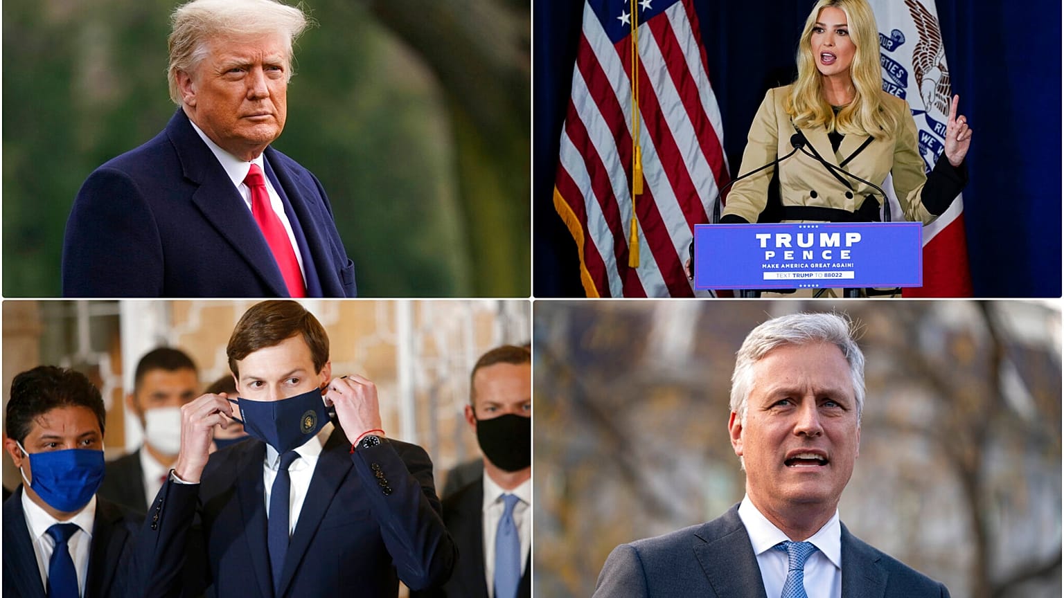 ABD'nin Mevcut Başkanı Donald Trump (sol üstte), Trump'ın kızı ve danışmanı Ivanka Trump (sağ üstte), Trump'ın damadı Jared Kushner (sol alt), Ulusal Güvenlik Robert O Brien