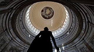The fresco of "The Apotheosis of Washington," painted by Constantino Brumidi is seen in through the oculus of the dome. 