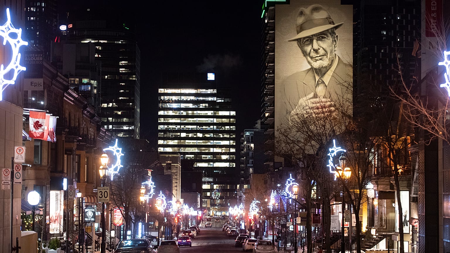 An empty Crescent Street is shown in Montreal