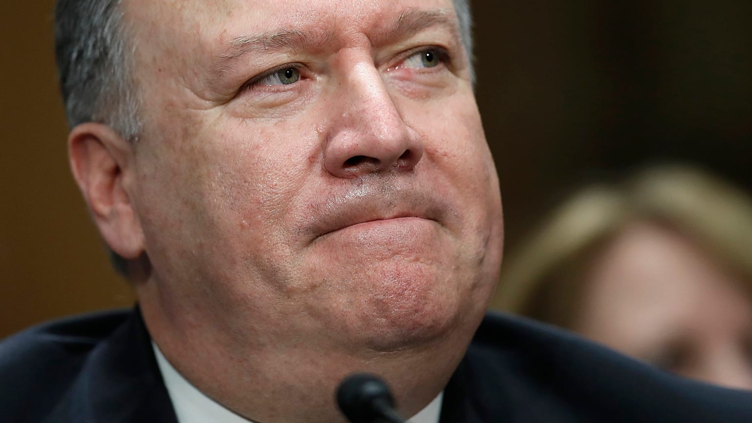 Secretary of State-designate Mike Pompeo pauses while speaking during the Senate Foreign Relations Committee hearing on confirmation Thursday, April 12, 2018, on Capitol Hill 