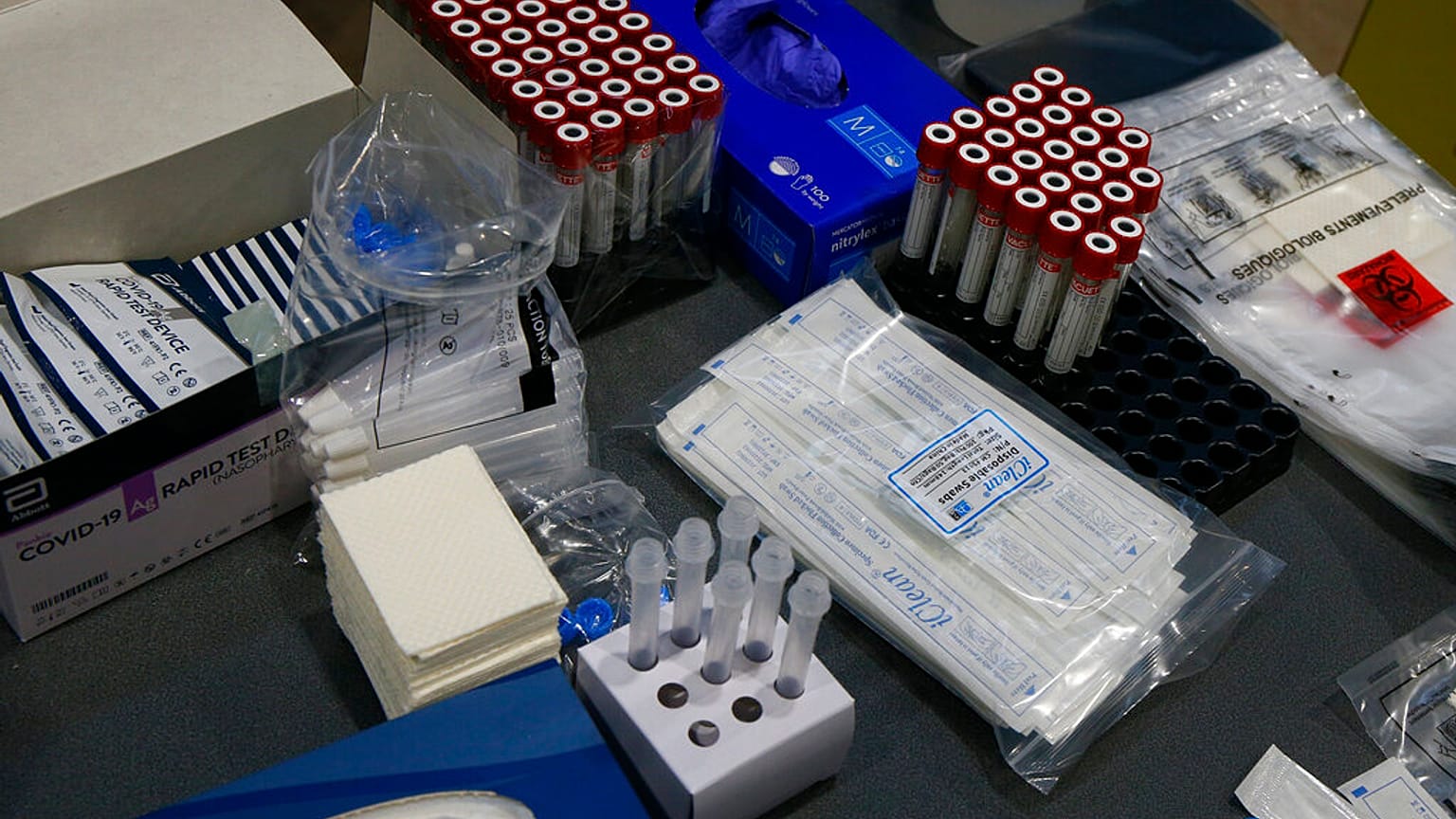 Medical items are pictured at a Covid-19 mass testing center in Roubaix, northern France, Jan.11, 2021. 