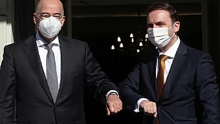 Ο υπουργός Εξωτερικών Νίκος Δένδιας υποδέχεται τον υπουργό Εξωτερικών της Βόρειας Μακεδονίας Μπουγιάρ Οσμάνι στο Υπουργείο Εξωτερικών, Αθήνα