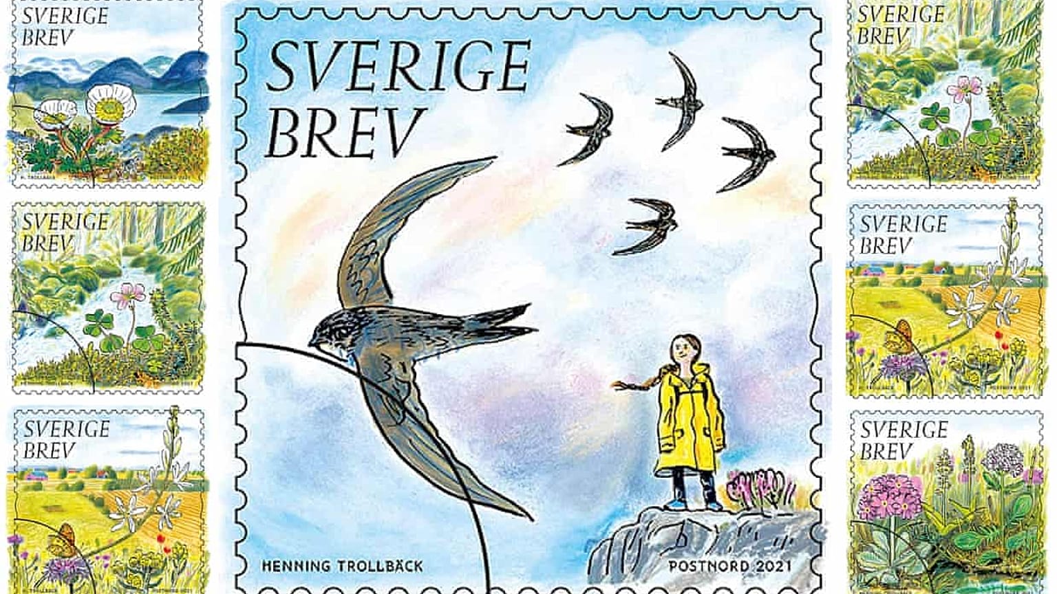 Greta Thunberg in her iconic yellow raincoat.