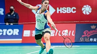 Carolina Marín durante un partido en el último Abierto de Dinamarca de bádminton