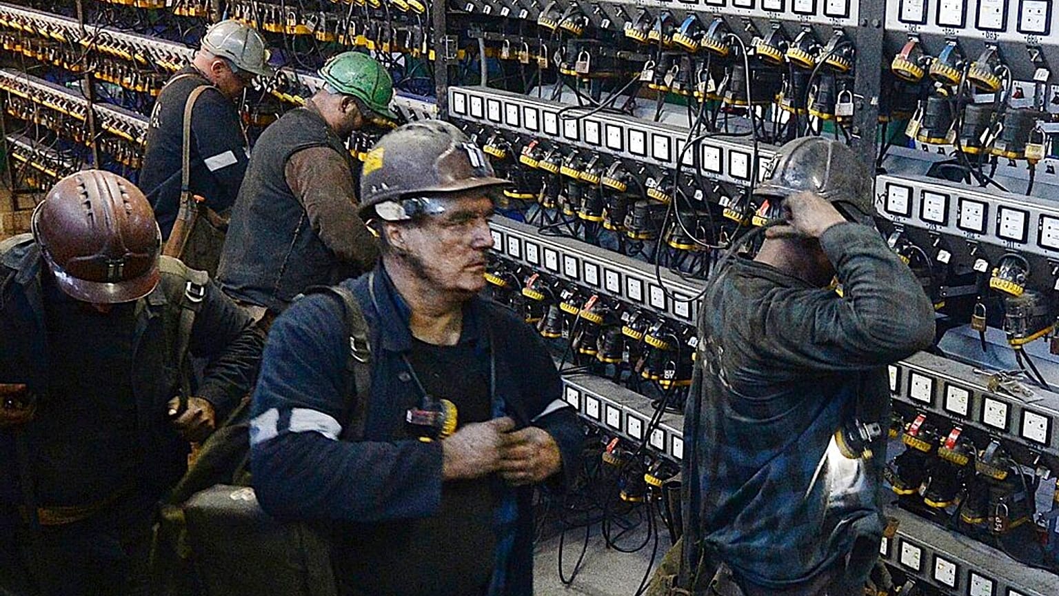 miners put away their equipment after an underground shift at the Wujek coal mine in Katowice, in Poland's southern mining region of Silesia