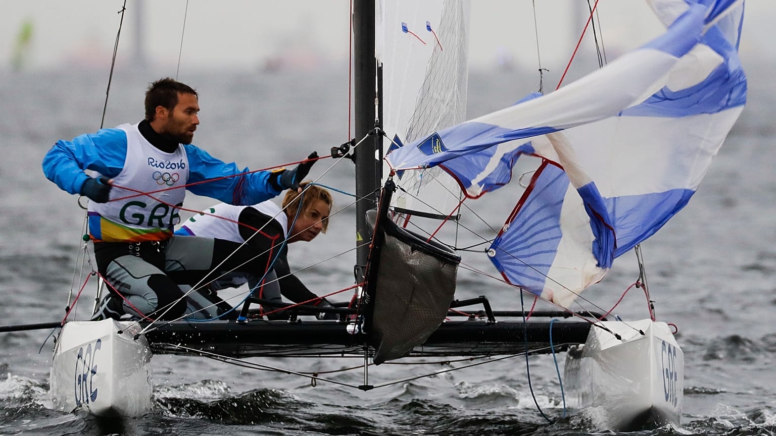 Greece's Michail Pateniotis, left, and Sofia Bekatorou