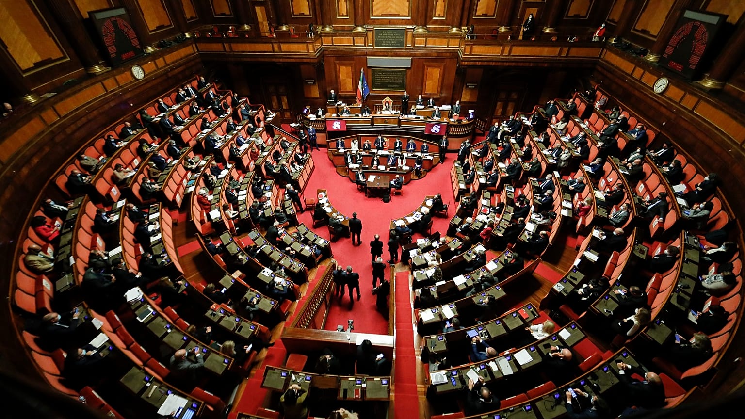 Italian Prime Minister Giuseppe Conte speaks during his final address at the Senate prior to a confidence vote, in Rome, Tuesday, Jan. 19, 2021.