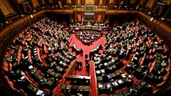Italian Prime Minister Giuseppe Conte speaks during his final address at the Senate prior to a confidence vote, in Rome, Tuesday, Jan. 19, 2021.