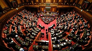 Italian Prime Minister Giuseppe Conte speaks during his final address at the Senate prior to a confidence vote, in Rome, Tuesday, Jan. 19, 2021.