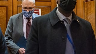 Senate Majority Leader Chuck Schumer of N.Y, takes the elevator in the U.S. Capitol, Friday, Jan. 22, 2021.