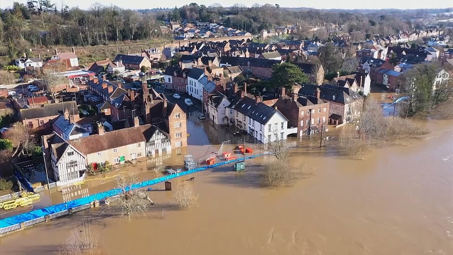 Aerials of flooding after heavy rainfall brought on by Storm Christoph in the town of Bewdley.