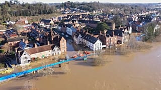 Aerials of flooding after heavy rainfall brought on by Storm Christoph in the town of Bewdley.