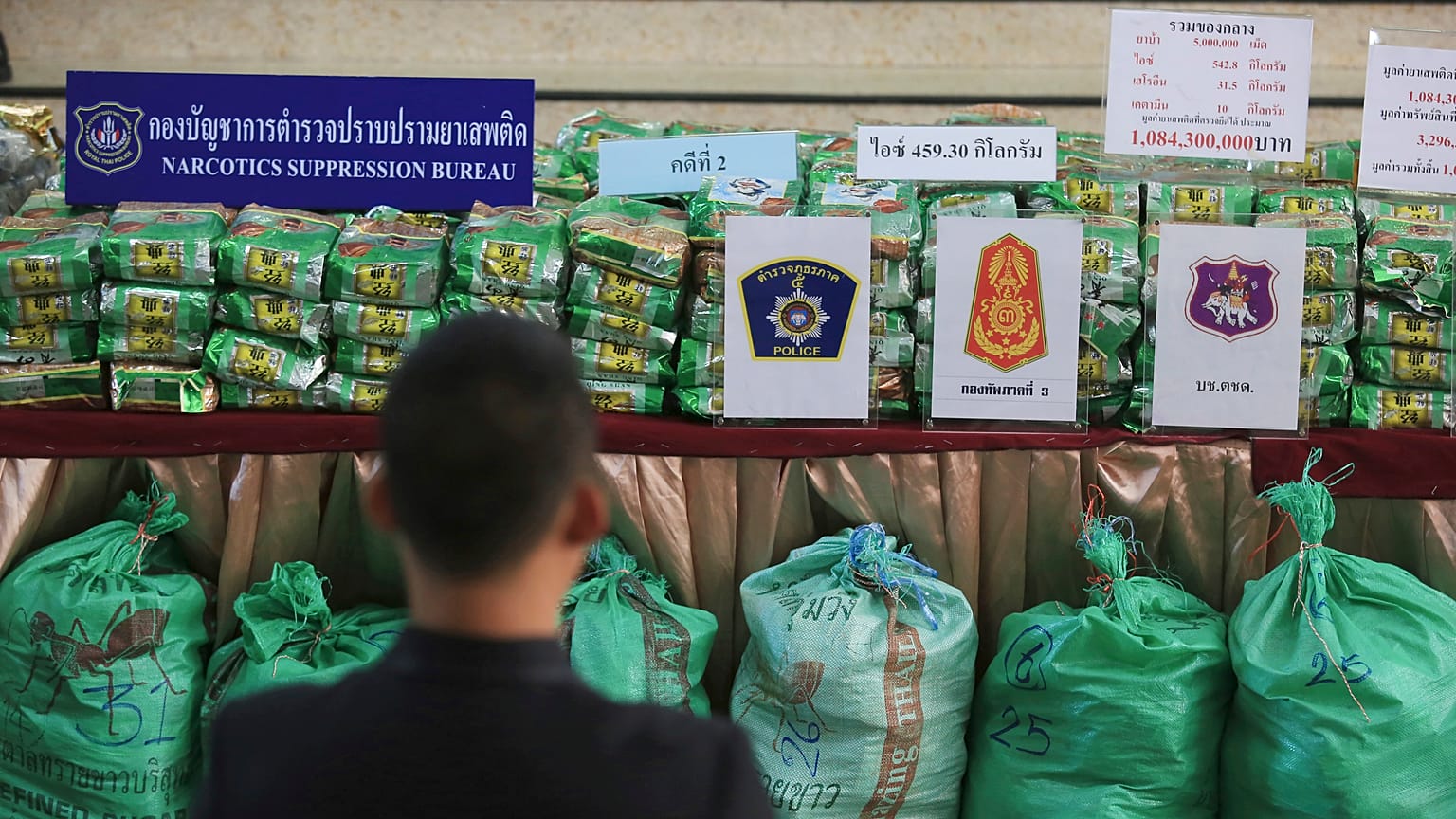 Packages of methamphetamines on a table at Narcotics Suppression Bureau Bangkok, Thailand, Monday, July 15, 2019. 