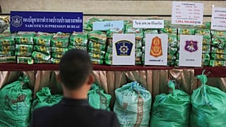 Packages of methamphetamines on a table at Narcotics Suppression Bureau Bangkok, Thailand, Monday, July 15, 2019. 