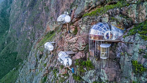The Natura Vive Skylodge capsule suites looks out over the majestic Sacred Valley