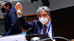 Portuguese Minister of Sea Ricardo Serrao Santos rings a bell during a EU Agriculture and Fisheries Ministers video conference meeting in Brussels, Monday, Jan. 25, 2021.