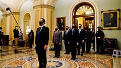 Délégation des élus démocrates de la Chambre des représentants après avoir transmis au Sénat l'acte d'accusation de Donald Trump, le 25 janvier à Washington.