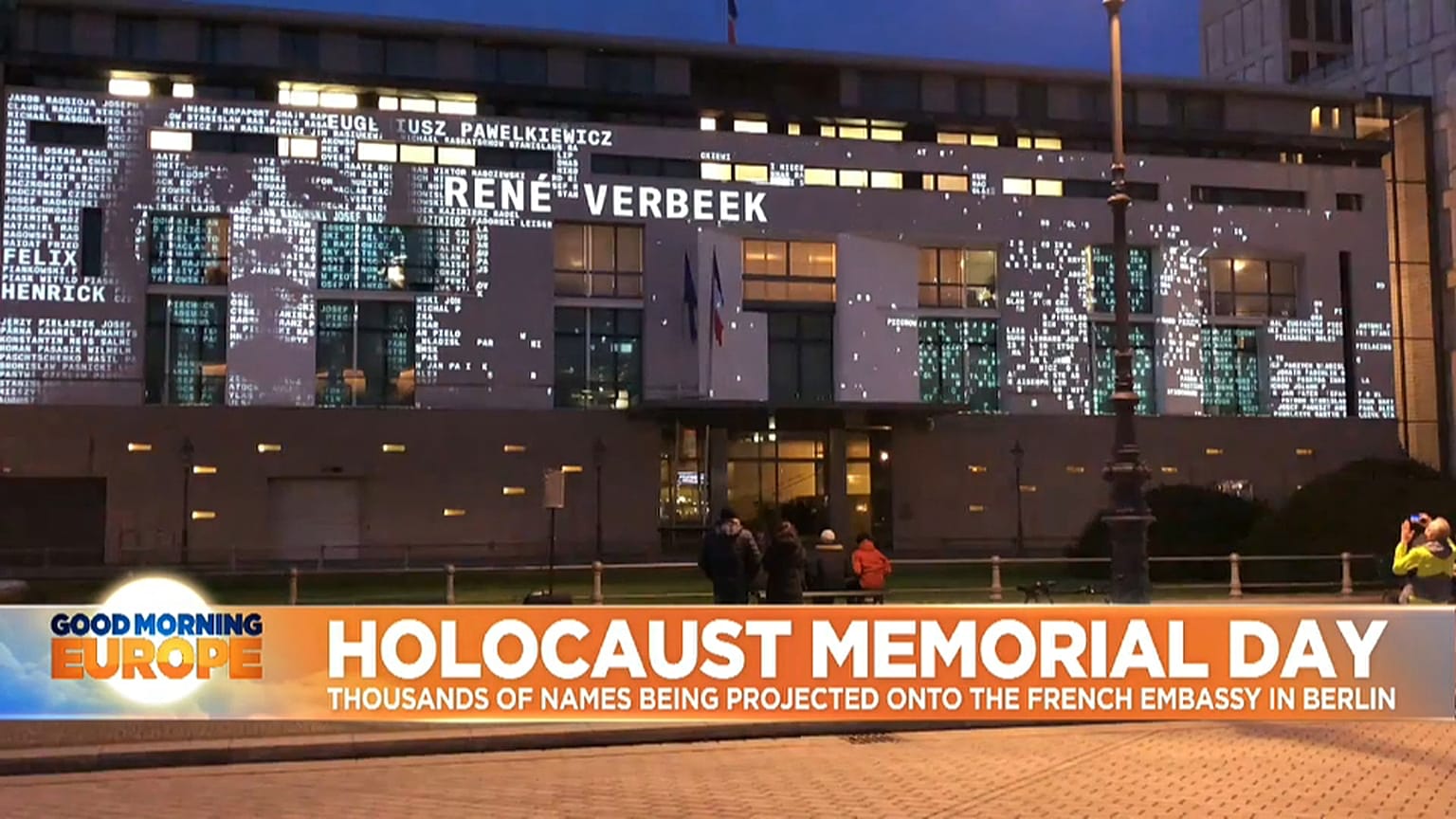 Names of the dead projected onto French Embassy in Berlin