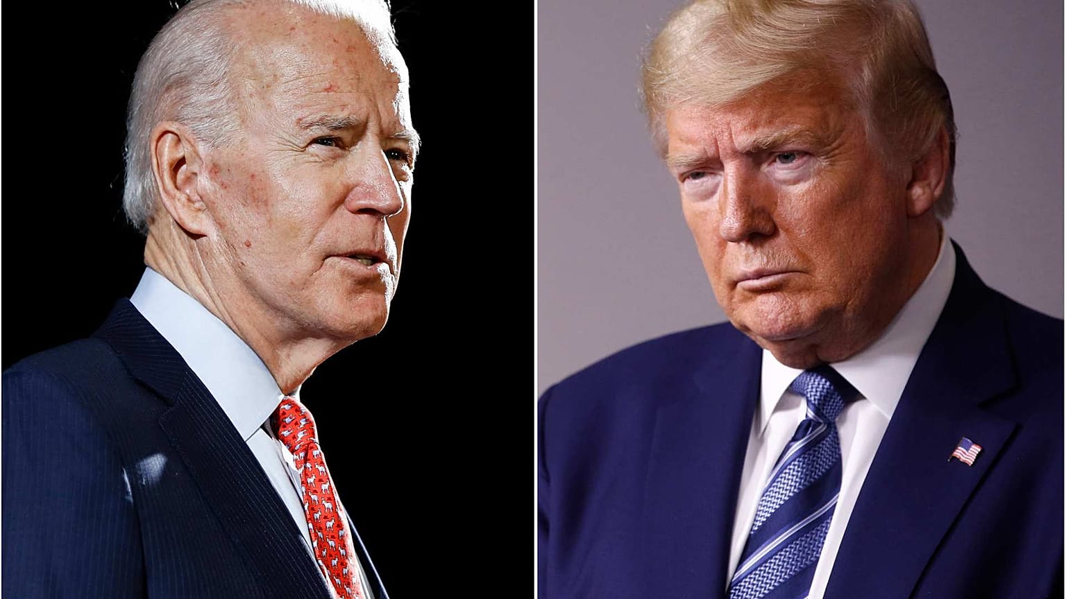 صورة مركبة تضم جو بايدن في ويلمنجتون، ديل، في 12 مارس 2020، ودونالد ترامب يتحدث في البيت الأبيض بواشنطن في 5 أبريل 2020