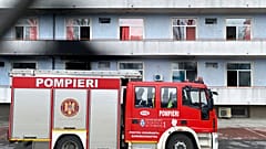 A fire engine is parked a hospital after a fire broke out on the ground floor Friday Jan. 29, 2021.