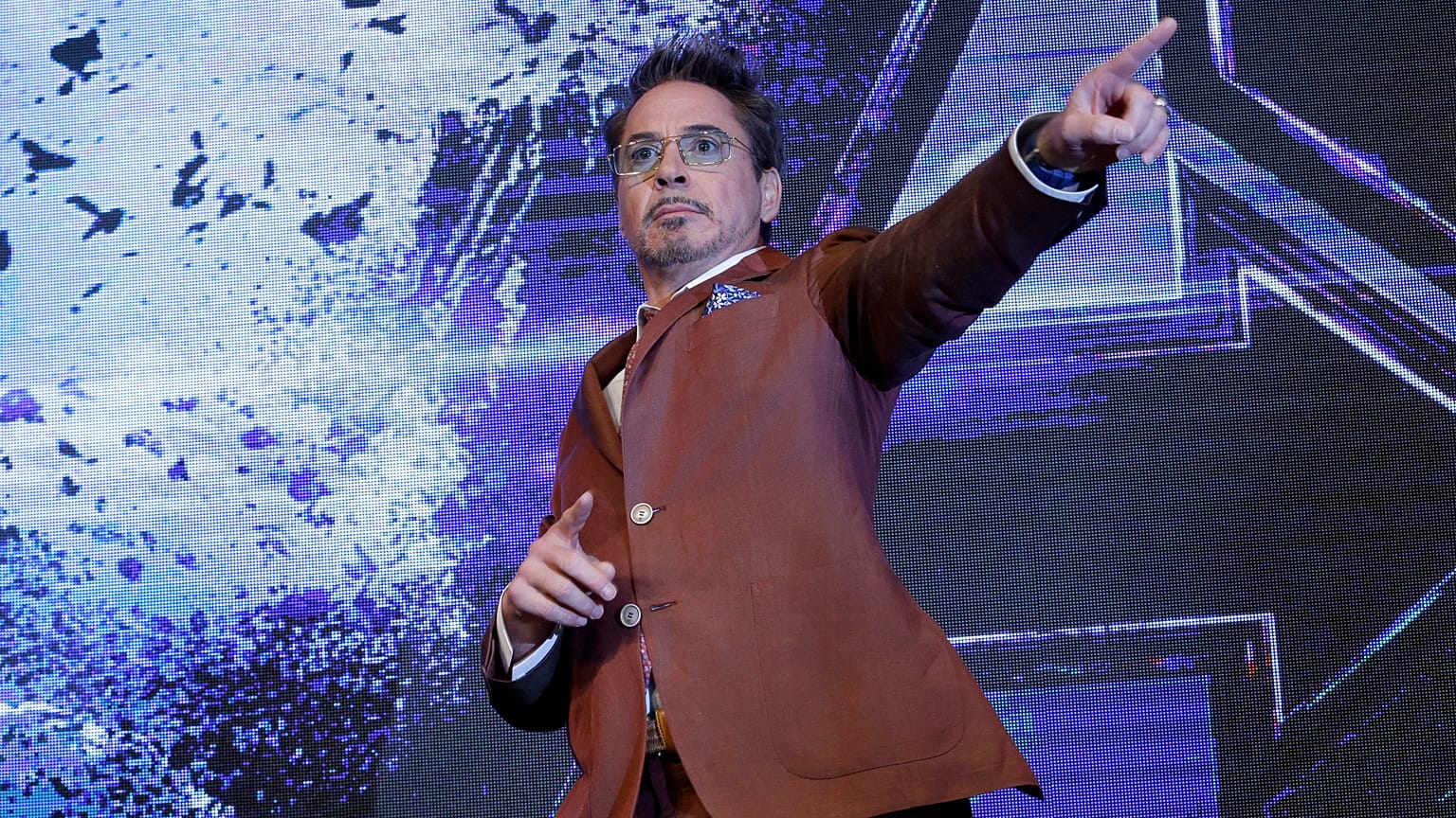 Robert Downey Jr. poses during a Press Conference to promote his "Avengers Endgame" in Seoul, South Korea, 2019. 