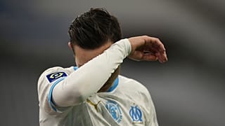 Marseille's Florian Thauvin reacts during the French League One soccer match between Marseille and Lens at the Veledrome stadium in Marseille, France, Wednesday, Jan. 20, 2021
