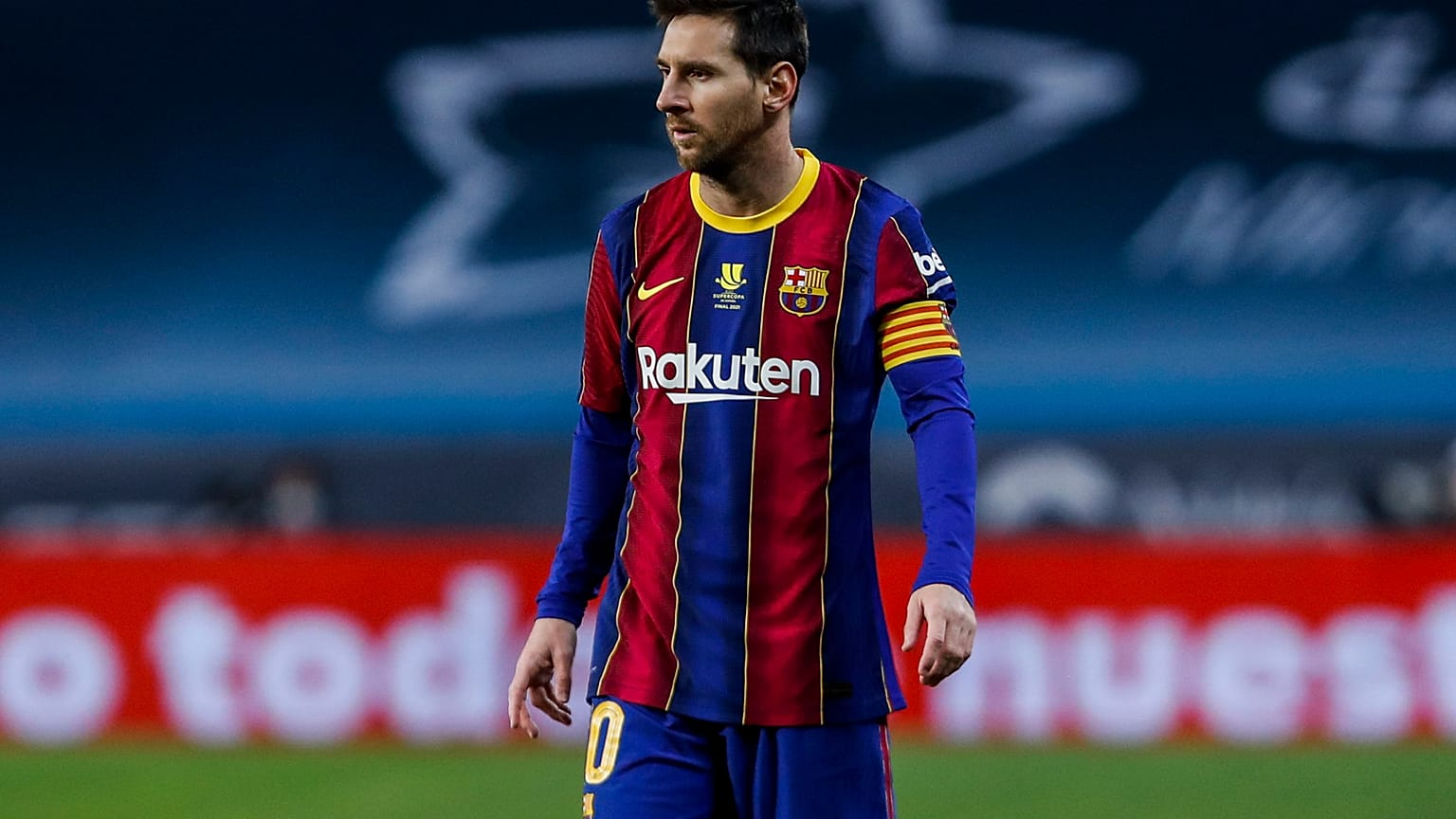 Barcelona's Lionel Messi during the Spanish Supercopa final soccer match between FC Barcelona and Athletic Bilbao at La Cartuja stadium in Seville, Spain. Jan. 17, 2021