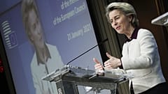 European Commission President Ursula von der Leyen speaks during a news conference at the European Council headquarters in Brussels, Thursday, Jan. 21, 2021. 